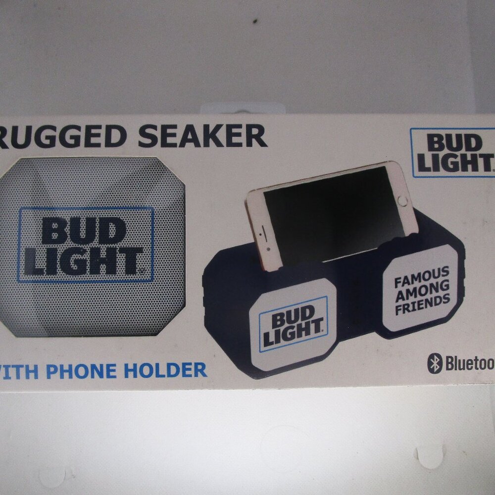 Bud Light Waterproof Rugged Bluetooth Phone Holder Speaker NIB READ